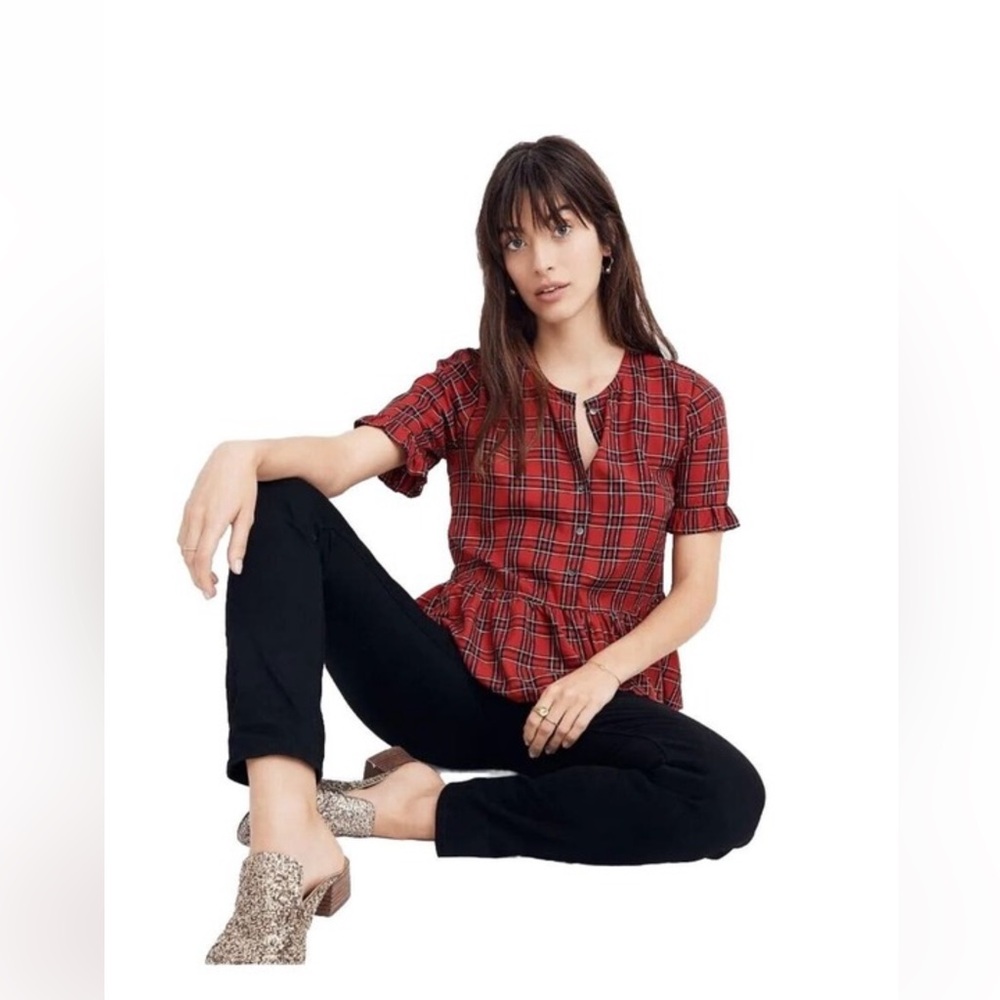 Madewell Studio Ruffle-Hem Peplum Top. SZ. Large. 
Clanton Plaid. EUC